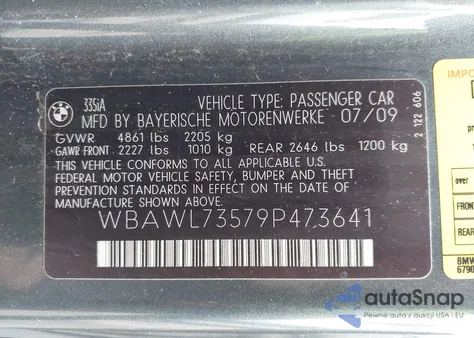 2009 BMW 335I z USA, uszkodzony, nr VIN WBAWL73579P473641